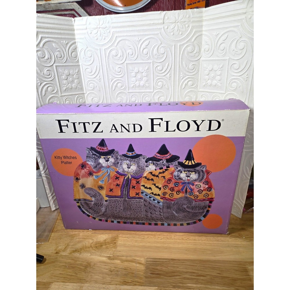 Fitz and Floyd Kitty Witches Ceramic Platter Boxed 19.25in Vintage 2004